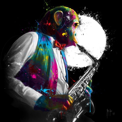 Patrice Murciano, Fly Me to the Moon (Pop Art, Saxophonist, Affe, Schimpanse, frech, witzig, Humor, Leuchtfarben, Neon, Schrill, Modern, Malerei, Jugendzimmer, Wohnzimmer, Jugendzentrum, Wunschgröße, bunt)