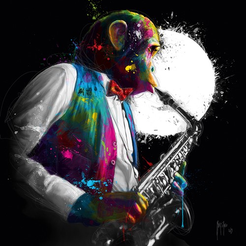 Patrice Murciano, Fly Me to the Moon (Pop Art, Saxophonist, Affe, Schimpanse, witzig, Humor, Leuchtfarben, Neon, Schrill, Modern, Malerei, Jugendzimmer, Wohnzimmer, Jugendzentrum, bunt)