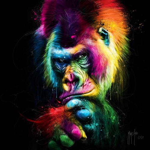 Patrice Murciano, Le Vieux Sage - The Old Wise (Pop Art, Affe, Gorilla, Tier, Tierportrait, nachdenklich,  Leuchtfarben, Neon, Schrill, Modern, Malerei, Jugendzimmer, Wohnzimmer, Jugendzentrum, Wunschgröße, bunt)