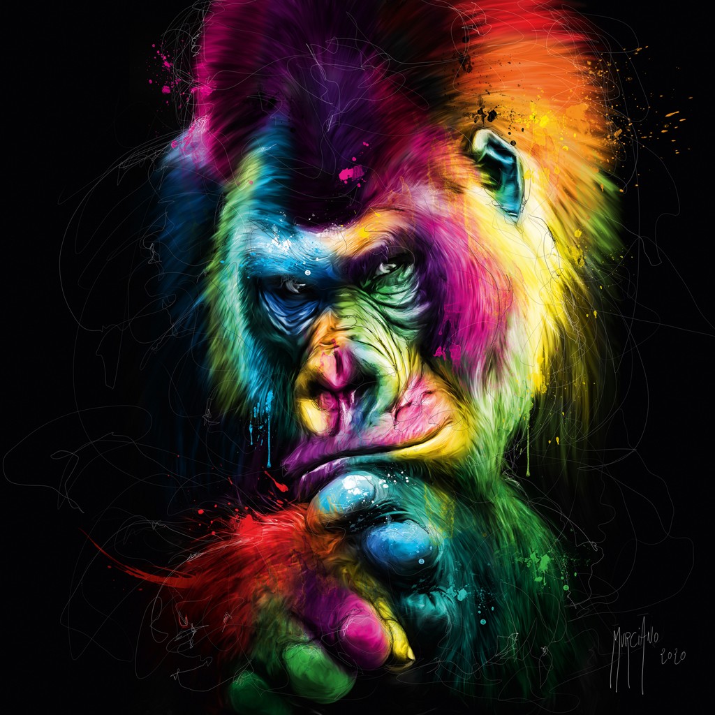 Patrice Murciano, Le Vieux Sage - The Old Wise (Pop Art, Affe, Gorilla, alt, weise, nachdenklich, Tierportrait, Leuchtfarben, Neon, Schrill, Modern, Malerei, Jugendzimmer, Wohnzimmer, Jugendzentrum, bunt)