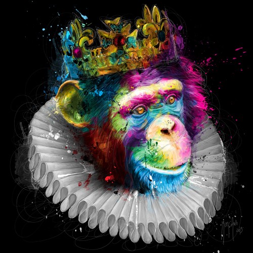 Patrice Murciano, Monking (Pop Art, Affe, Schimpanse, Tier, Tierportrait, König, Halskrause, Krone, witzig, Humor,  Leuchtfarben, Neon, Schrill, Modern, Malerei, Jugendzimmer, Wohnzimmer, Jugendzentrum, Wunschgröße, bunt)