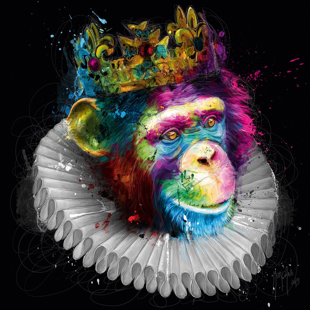 Patrice Murciano, Monking (Pop Art, Affe, Schimpanse, Krone, Königin, Halskrause,  Mühlsteinkragen, Tierportrait, Leuchtfarben, Neon, Schrill, Modern, Malerei, Jugendzimmer, Wohnzimmer, Jugendzentrum, bunt)