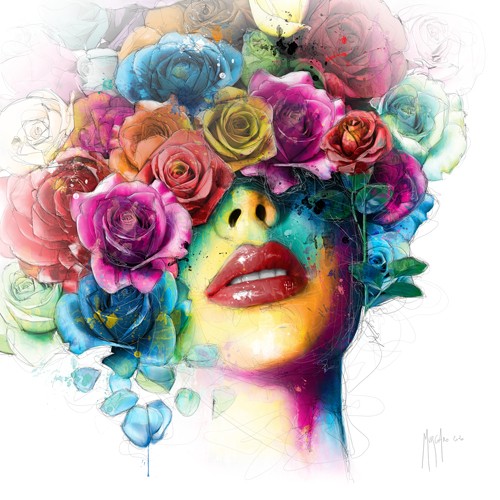 Patrice Murciano, La Vie en Roses 2 (Pop Art, Gesicht, junge Frau, Kopfschmuck, Blumen, roter Mund, lasziv, Verführung, Leuchtfarben, Neon, Schrill, Modern, Malerei, sinnlich, Wunschgröße, Jugendzimmer, Wohnzimmer, Schlafzimmer, bunt,)