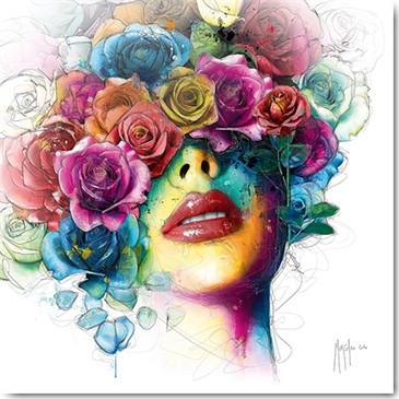 Patrice Murciano, La Vie en Roses 2 (Pop Art, Gesicht, junge Frau, Kopfschmuck, Blumen, roter Mund, lasziv, Verführung, Leuchtfarben, Neon, Schrill, Modern, Malerei, sinnlich, Jugendzimmer, Wohnzimmer, Schlafzimmer, bunt,)