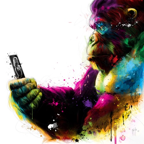 Patrice Murciano, New Kong (Pop Art, Affee, Gorilla, Photo, Frau, Kin Kong, witzig, Tierportrait, Tier, aufmerksam, Leuchtfarben, Neon, Schrill, Modern, Malerei, Wunschgröße, Jugendzimmer, Wohnzimmer, bunt)