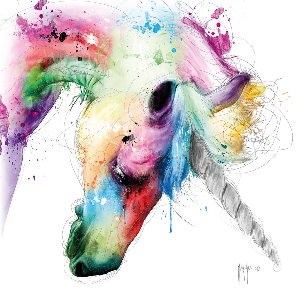 Patrice Murciano, Licorne (Pop Art, Tiere, Fabeltier, Einhorn, Tierportrait, Leuchtfarben, Neon, Schrill, Modern, Malerei, Jugendzimmer, Wohnzimmer, Jugendzentrum, bunt)