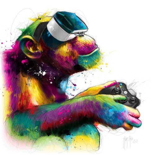 Patrice Murciano, Homo Gamer (Pop Art, Gamer, Cyber, Affe, Schimpanse, Spieler, witzig, Humor, Leuchtfarben, Neon, Schrill, Modern, Malerei, Jugendzimmer, Wohnzimmer, Jugendzentrum, Wunschgröße, bun)