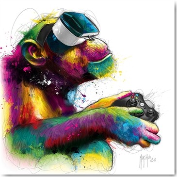 Patrice Murciano, Homo Gamer (Pop Art, Gamer, Cyber, Affe, Schimpanse, Spieler, witzig, Humor, Leuchtfarben, Neon, Schrill, Modern, Malerei, Jugendzimmer, Wohnzimmer, Jugendzentrum, bunt)