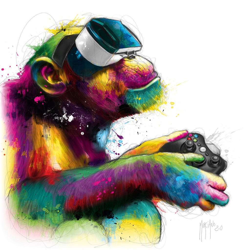 Patrice Murciano, Homo Gamer (Pop Art, Affe, Schimpanse, Cyberbrille, PC-Spieler,  Tierportrait, Leuchtfarben, Neon, Schrill, Modern, Malerei, Jugendzimmer, Wohnzimmer, Jugendzentrum, bunt)