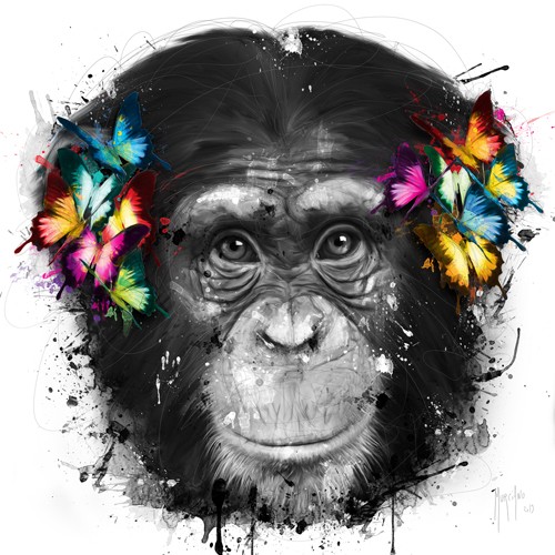 Patrice Murciano, Don`t Hear (Pop Art, Affe, Schimpanse, Kopfschmuck, Schmetterlinge, frech, witzig, Humor, Wunschgröße, Leuchtfarben, Neon, Schrill, Modern, Malerei, Jugendzimmer, Wohnzimmer, Jugendzentrum, grau/ bunt)