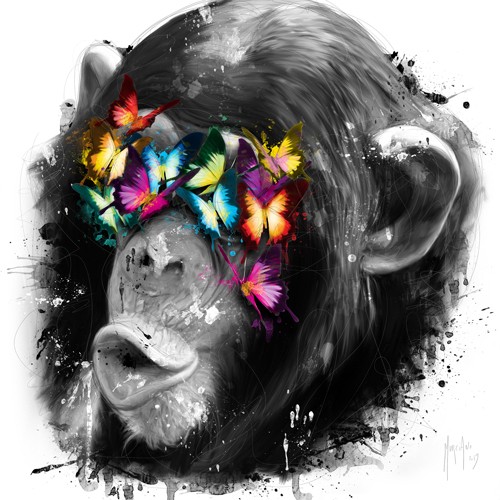 Patrice Murciano, Don`t See (Pop Art, Affe, Schimpanse, Kopfschmuck, Schmetterlinge, frech, witzig, Humor, Wunschgröße, Leuchtfarben, Neon, Schrill, Modern, Malerei, Jugendzimmer, Wohnzimmer, Jugendzentrum, grau/ bunt)