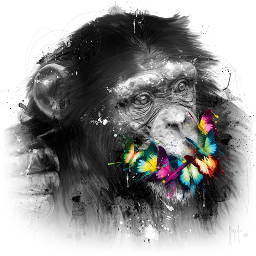 Patrice Murciano, Don`t Speak (Pop Art, Affe, Schimpanse, Kopfschmuck, Schmetterlinge, frech, witzig, Humor, Wunschgröße, Leuchtfarben, Neon, Schrill, Modern, Malerei, Jugendzimmer, Wohnzimmer, Jugendzentrum, grau/ bunt)