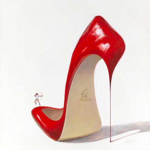 Gabrielle, Amor`s Dream I (Schuh, High Heel, Pumps, Schütze, Amor, Liebesbote, Mensch, modern, Schlafzimmer, Jugendzimmer, rot/weiß)
