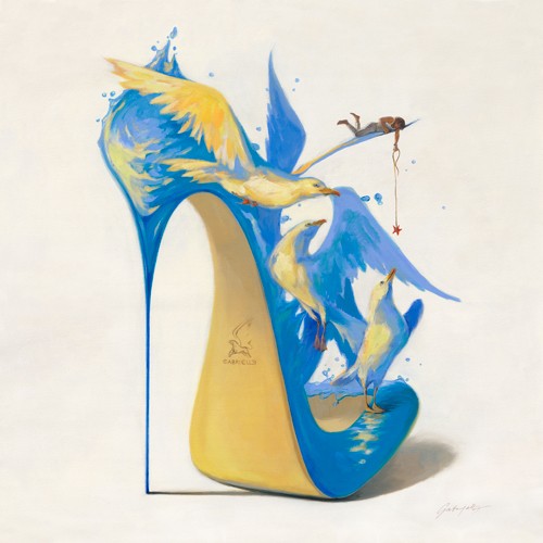 Gabrielle, The Birds III (Schuh, High Heel, Pumps, Möwen, Vögel, Wasser, kleiner Mensch, modern, Wunschgröße, Schlafzimmer, Wohnzimmer, Jugendzimmer, blau/bunt)