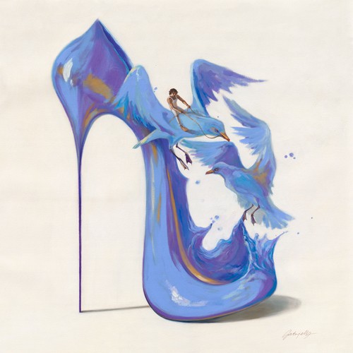 Gabrielle, The Birds IV (Schuh, High Heel, Pumps, Möwen, Vögel, Wasser, kleiner Mensch, modern, Wunschgröße, Schlafzimmer, Wohnzimmer, Jugendzimmer, lila/bunt)