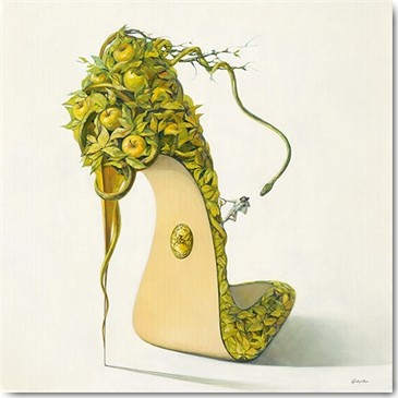 Gabrielle, Ambivalence I (Schuh, High Heel, Pumps, Äpfel, Früchte Obst, Blätter, Schlange, kleiner Mensch, modern,  Schlafzimmer, Wohnzimmer, Jugendzimmer, grün/weiß)
