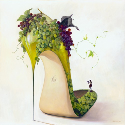 Gabrielle, Eau de vie (Schuh, High Heel, Pumps, Trauben, Früchte, Wein, kleiner Mensch, modern, Schlafzimmer, Wohnzimmer, Jugendzimmer, grün/bunt)