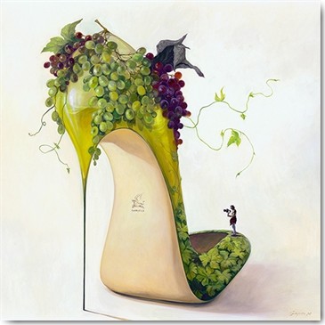 Gabrielle, Eau de vie (Schuh, High Heel, Pumps, Trauben, Früchte, Wein, kleiner Mensch, modern, Schlafzimmer, Wohnzimmer, Jugendzimmer, grün/bunt)