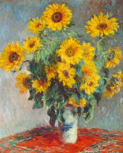 Claude Monet, Sonnenblumen, 1880 (Stillleben, Sonnenblumen, Strauß, Vase, Französische Kunst, Impressionismus, Wunschgröße, Wohnzimmer, Klassiker, Malerei, bunt)
