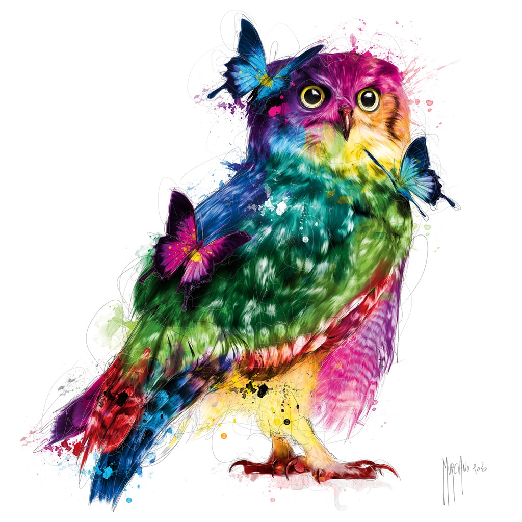 Patrice Murciano, La Chouchette (Pop Art, Raubvogel, Eule, Schmetterlinge, Tierportrait, Leuchtfarben, Neon, Schrill, Modern, Malerei, Jugendzimmer, Wohnzimmer, Jugendzentrum, bunt)