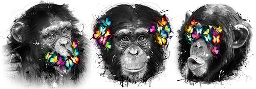 Patrice Murciano, Don`t Speak - Don`t Hear - Don`t See (Pop Art, drei Affen, Schimpanse, Tier, Tierportrait, Schmetterlinge, Leuchtfarben, Neon, Schrill, Modern, Malerei, Jugendzimmer, Wohnzimmer, Wunschgröße, bunt)
