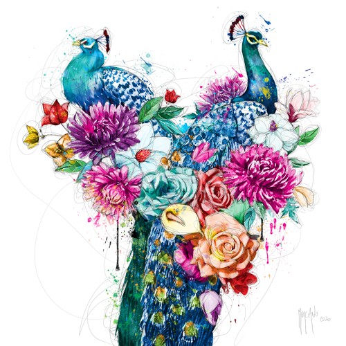 Patrice Murciano, Peacock Flowers (Pfauen, Vögel, Blumen, Pop Art, Leuchtfarben, Neon, Schrill, Modern, Malerei, Jugendzimmer, Wohnzimmer, Jugendzentrum, Wunschgröße, bunt)