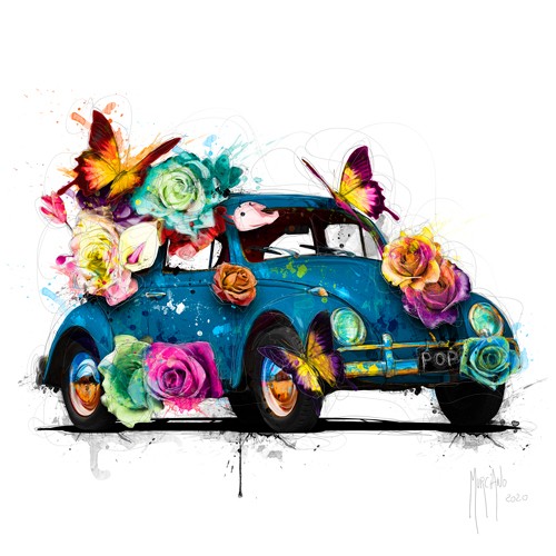 Patrice Murciano, POPcinelle Blue (Pop Art, VW-Käfer, Kult, Auto, Blumen, Rosen, Schmetterlinge, Punk,  Leuchtfarben, Neon, Schrill, Modern, Malerei, Jugendzimmer, Wohnzimmer, Wunschgröße, bunt)
