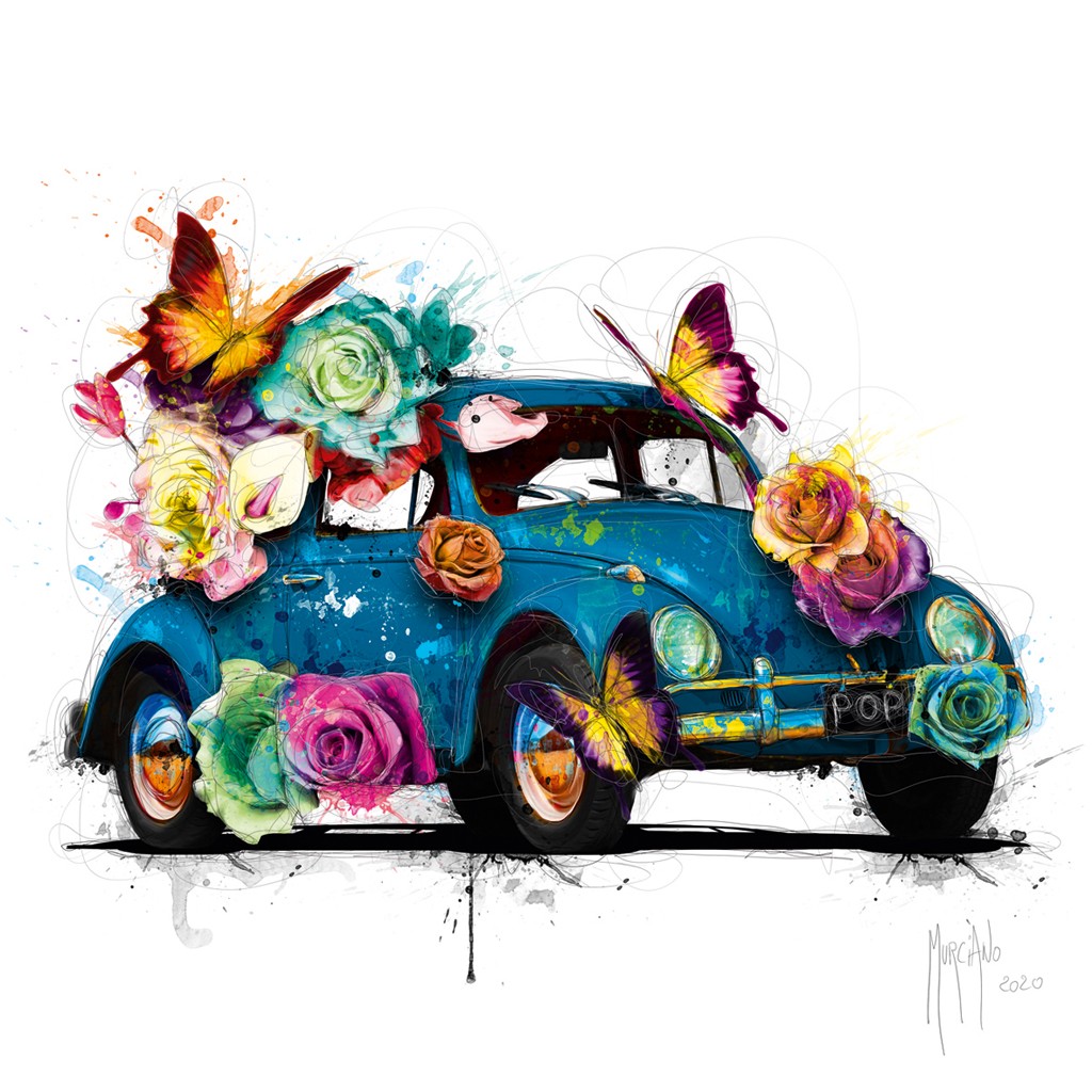 Patrice Murciano, POPcinelle Blue (Pop Art, VW-Käfer, Automobil, Oldtimer, Flower-Power, Blüten, Schmetterlinge, Leuchtfarben, Neon, Schrill, Modern, Malerei, Jugendzimmer, Wohnzimmer, Jugendzentrum, bunt)