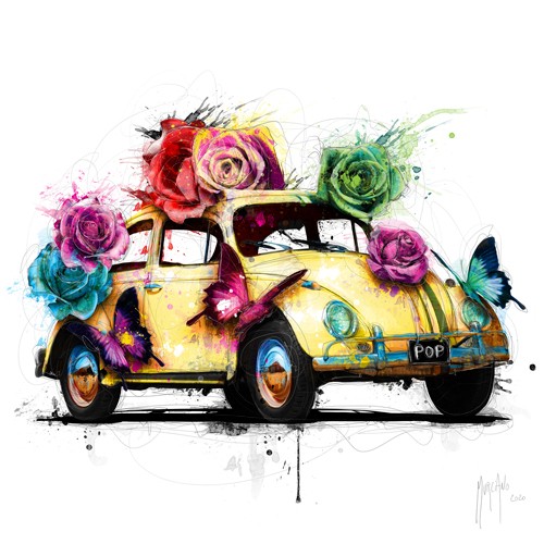 Patrice Murciano, POPcinelle Yellow (Pop Art, VW-Käfer, Kult, Auto, Blumen, Rosen, Schmetterlinge, Punk,  Leuchtfarben, Neon, Schrill, Modern, Malerei, Jugendzimmer, Wohnzimmer, Wunschgröße, bunt)