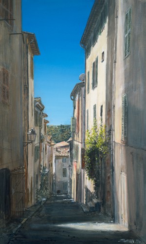 Pascal Pontoire, Rue du village de Biot (Architektur, Häuser, Gasse, mediterran, Nostalgie, Fotorealismus, Wunschgröße, Wohnzimmer, Malerei)