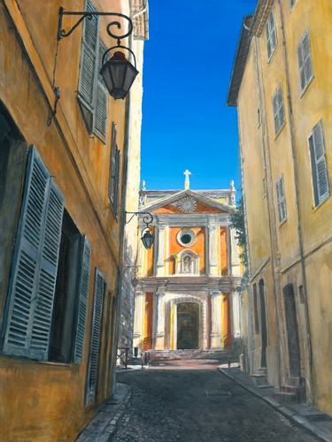 Pascal Pontoire, Cathedrale d´Antibes (Architektur, Häuser, Gasse, Kirche, mediterran, Nostalgie, Fotorealismus, Wunschgröße, Wohnzimmer, Malerei)
