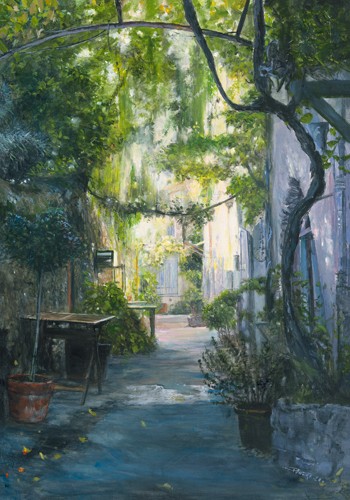 Pascal Pontoire, Biot Cathedrale de Verdure (Architektur, Häuser, Gasse, mediterran, Garten, Idylle, Nostalgie, Fotorealismus, Wunschgröße, Wohnzimmer, Malerei)