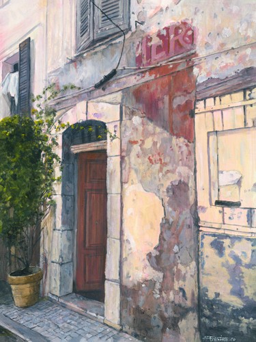 Pascal Pontoire, Rue du Vieil Antibes (Architektur, Häuser, Gasse, mediterran, Nostalgie, Fotorealismus, Wunschgröße, Wohnzimmer, Malerei)