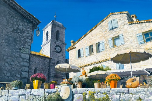 Pascal Pontoire, Place de l´église Gourdon (Architektur, Häuser, Platz, Sommer, Sonnenschirme, Kirchturm, mediterran, Nostalgie, Fotorealismus,  Wohnzimmer,)