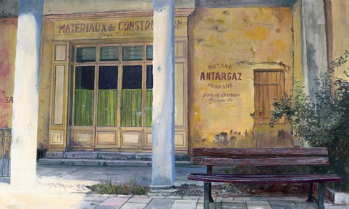 Pascal Pontoire, Vieille devanture de magasin (Architektur, Häuser, Bank, mediterran, Nostalgie, Fotorealismus, Wunschgröße, Wohnzimmer, Malerei)