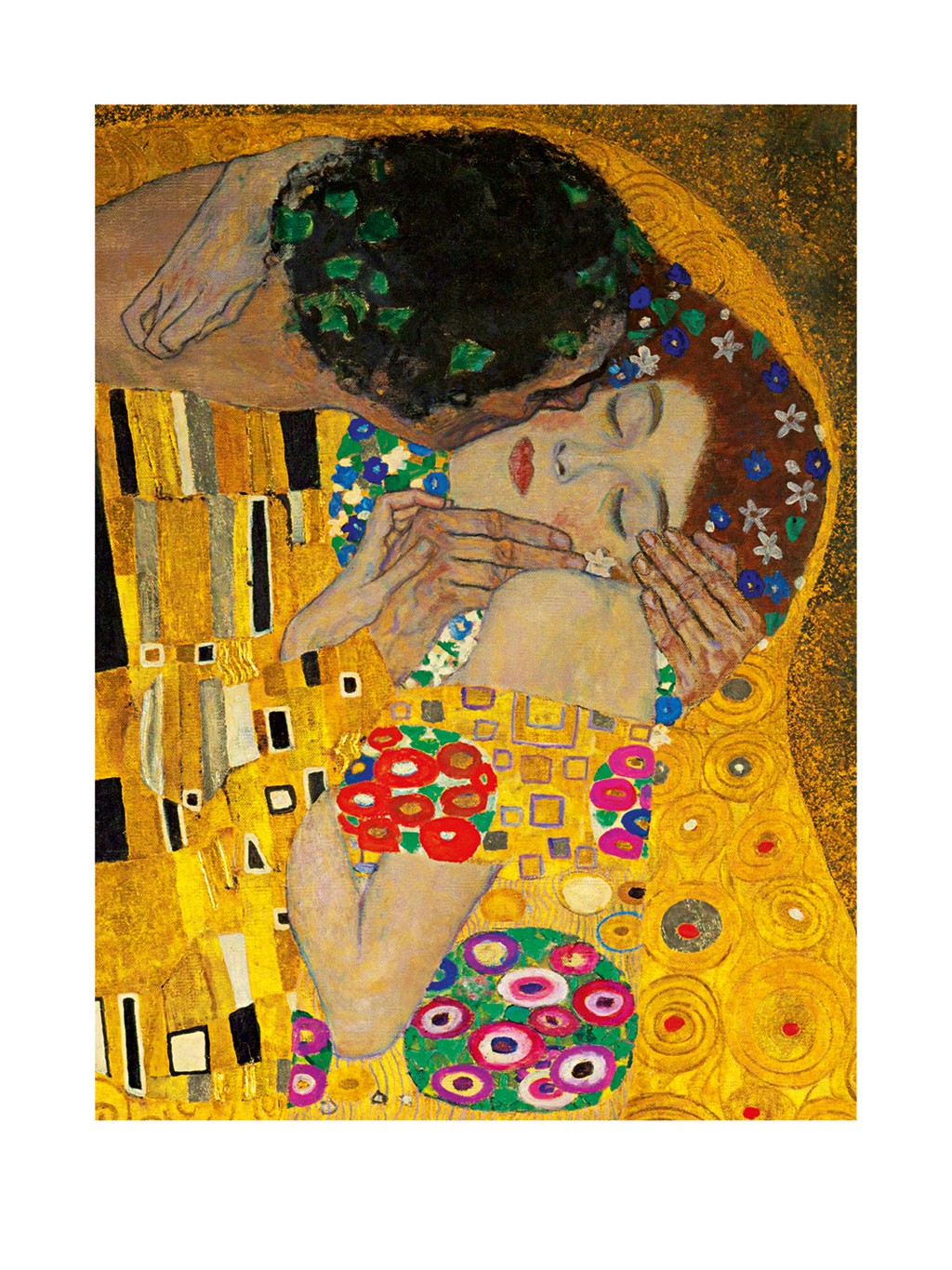 Gustav Klimt, Der Kuß (Ausschnitt) (Klassische Moderne,dekorativ, Jugendstil, Eros&People, Frau, Mann, Umarmung, Erotik, Ornamente, geometrische Formen, bunt, Wohnzimmer, Treppenhaus, Schlafzimmer, Malerei, ausschnitt, Detail)