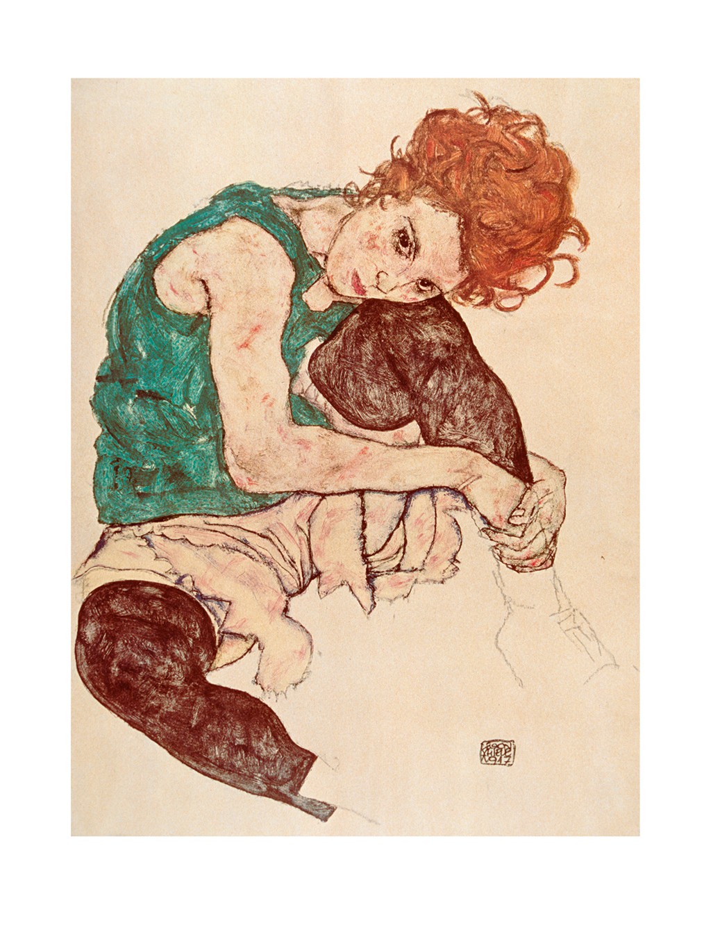 Egon Schiele, Sitzende Frau (Wunschgröße, Malerei, Frau, nachdenklich, melancholisch, lasziv, Klassische Moderne, People & Eros, Expressionismus, Wohnzimmer, Schlafzimmer, bunt)