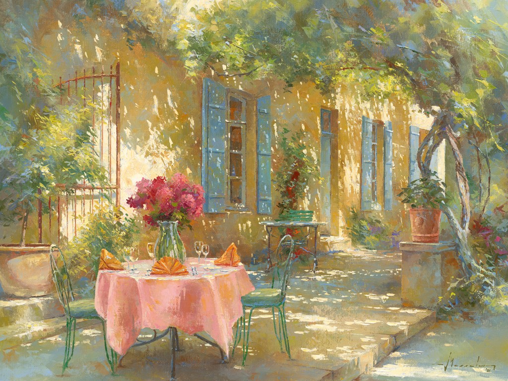 Johan Messely, Ambiance Provençale II (Garten, Lokal, Bistro, französisch, Mediterran, Terrasse, Haus, Pflanzen,  Sommer, Idylle, Sonnenlicht, Nostalgie, Wohnzimmer, Esszimmer, Malerei, bunt)