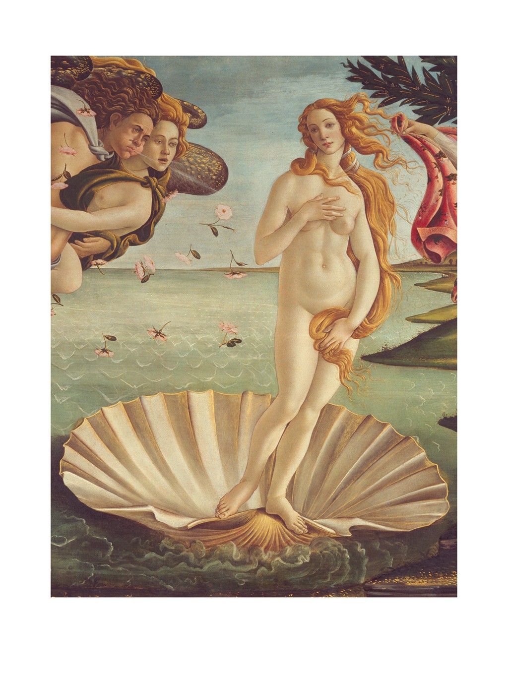 Sandro Botticelli, Geburt der Venus (Detail) (Geburt der Venus, Metamorphose, Göttin, Schönheit, Akt, Simonetta Vespucci, Westwind, Mythologie, Jakobsmuschel, Renaissance, Klassiker, Schlafzimmer, Wohnzimmer,   bunt)