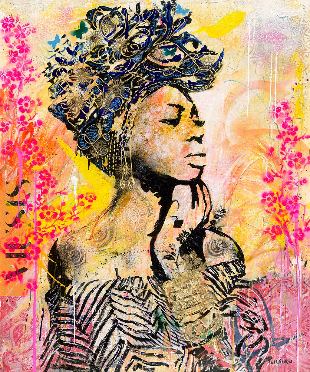 Nick Twaalfhoven, African summer queen: Julie  (Frau, Portrait, Afrikanerin, Kopfschmuck, Jahreszeit, Sommer, Juli, modern, Neopop, Wunschgröße, Malerei, Wohnzimmer, Jugendzimmer, bunt)