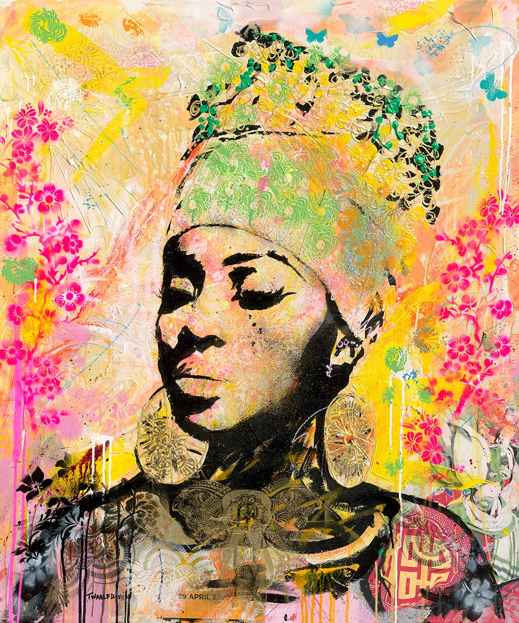 Nick Twaalfhoven, African summer queen:  Augustus  (Frau, Portrait, Afrikanerin, Kopfschmuck, Jahreszeit, Sommer, August, modern, Neopop, Wunschgröße, Malerei, Wohnzimmer, Jugendzimmer, bunt)