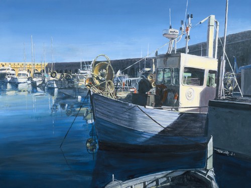 Pascal Pontoire, Port des pêcheurs Antibes  (Boote, Hafen, Hafenbecken, Fischerhafen, Frankreich, Meer, Meeresbrise, mediterran, Nostalgie, Fotorealismus, Wunschgröße, Wohnzimmer, Malerei)