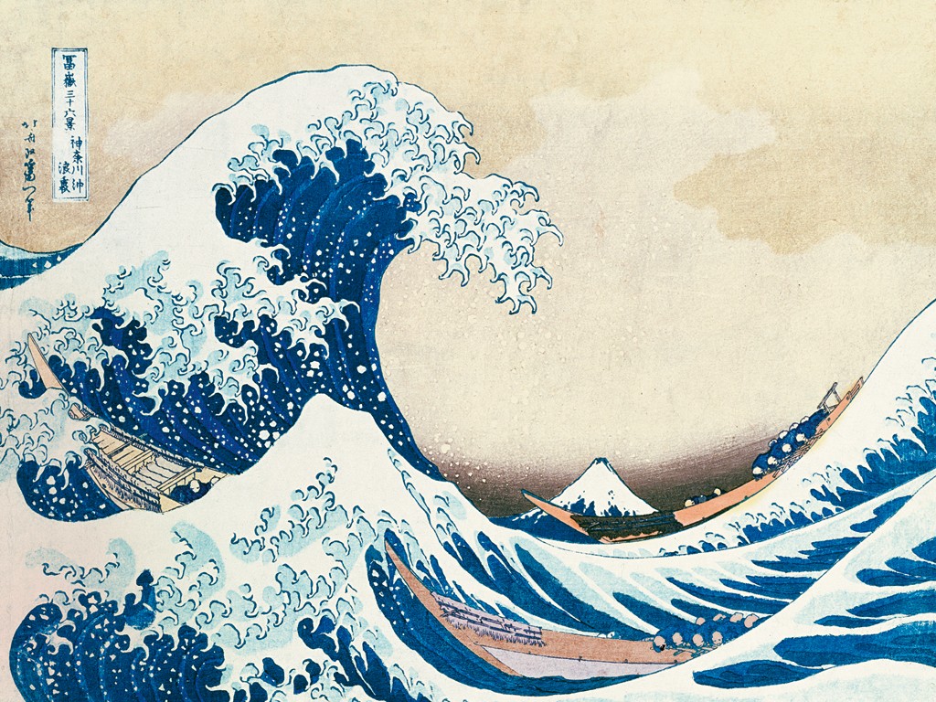 Katsushika Hokusai, Die große Welle von Kanagawa (Asiatische Kunst, Japan, Klassiker, Holzschnitt, farbiger Holzschnitt, Wasser, Meer, Welle, Tsunamie, Boote, Berg, Fuji, Badezimmer, Schlafzimmer, blau / weíß)
