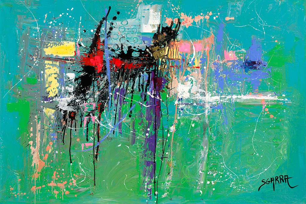 Robert Sgarra, Abstrait II (Abstrakt, abstrakte Malerei, dynamisch,  Linien, Pinselstriche, laufende Farbtropfen, modern, Wunschgröße, Wohnzimmer, Büro, Business, türkis/bunt)