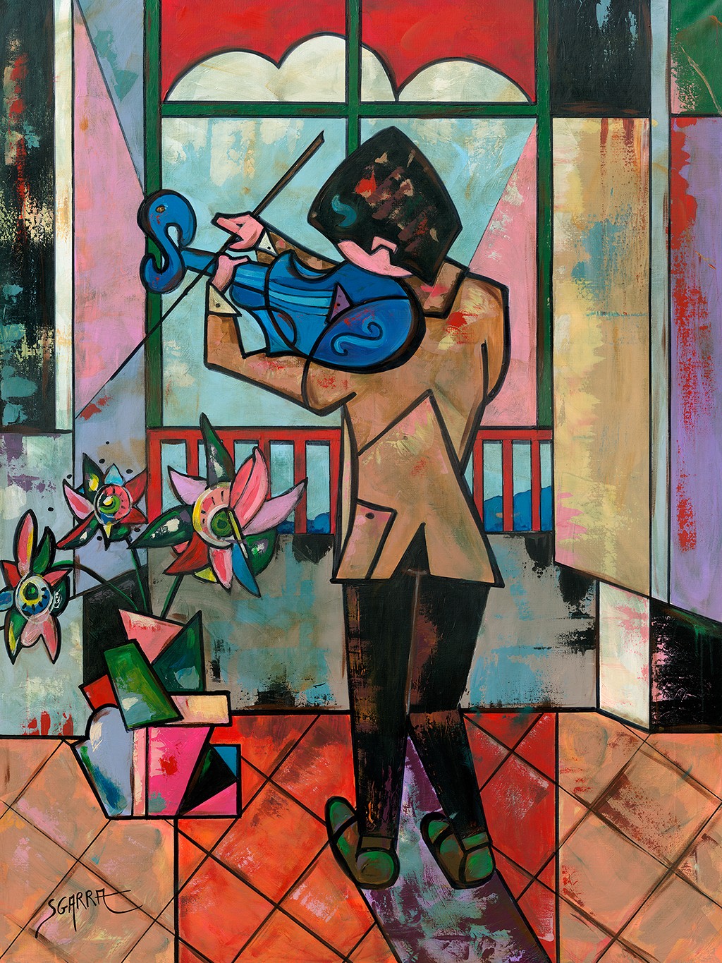 Robert Sgarra, Violoniste (Musiker, Geiger, Rückenansicht, Zimmer, Balkon, kubistisch, modern, Cloisonismus, Wunschgröße, Wohnzimmer, bunt)