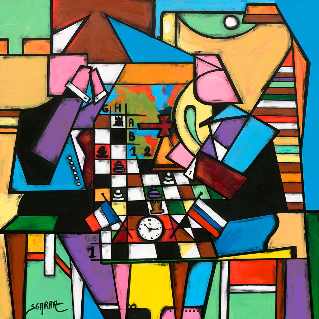 Robert Sgarra, Échecs (Schachspieler, Karpov, Etienne Bacrot, Schachbrett, Meisterschaft, kubistisch, modern, Cloisonismus, Wunschgröße, Wohnzimmer, bunt)