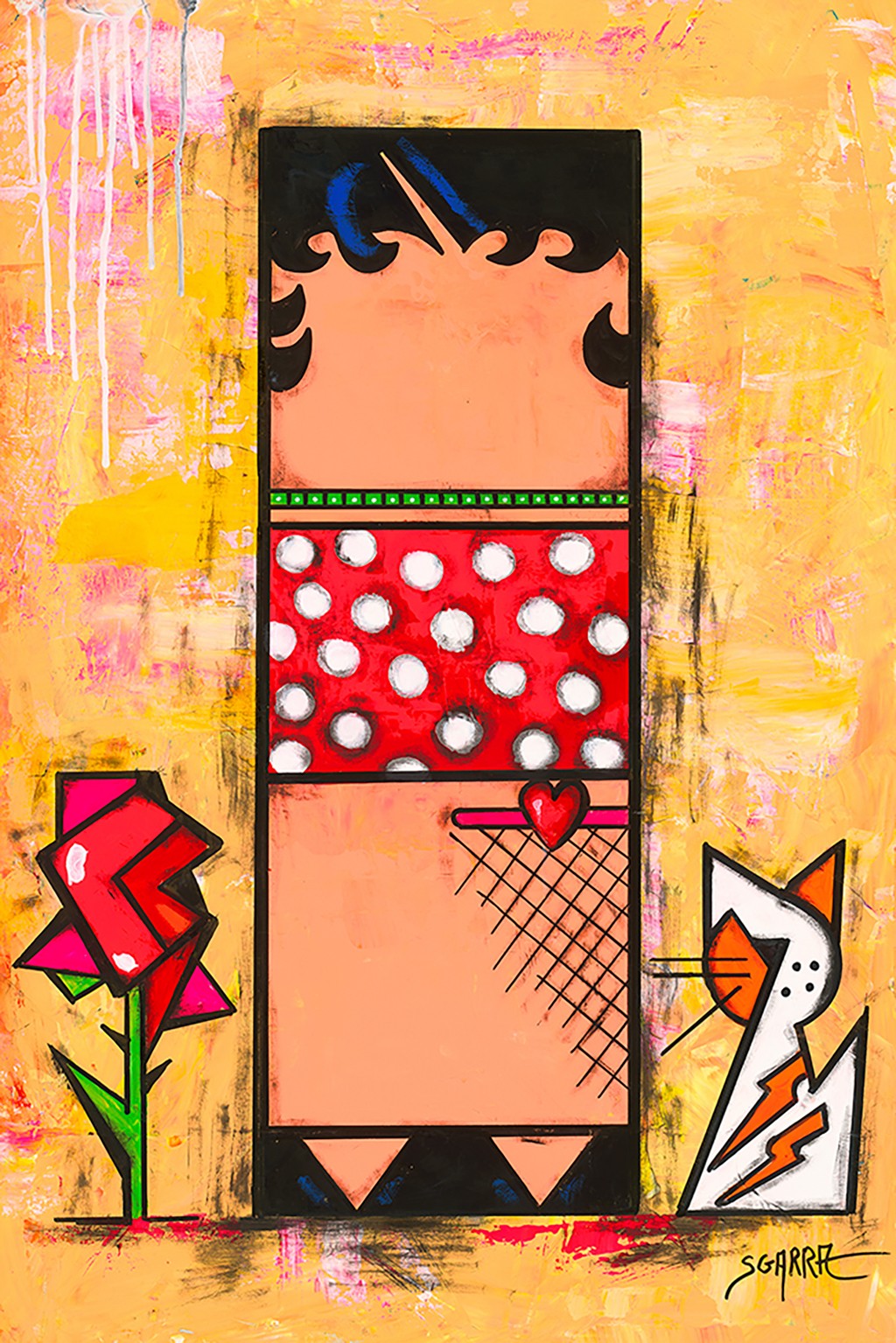 Robert Sgarra, Boxy VII (figurativ, Frau, Katze, geometrisch, Wüfelform, kubistisch, Popart, modern, Cloisonismus, Wunschgröße, Wohnzimmer, bunt)