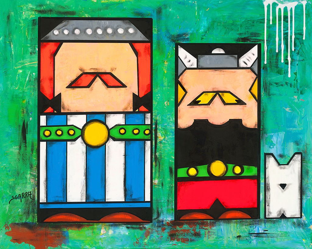 Robert Sgarra, Boxy (Asterix, Obelix, Idefix, Comic, figurativ, geometrisch, Wüfelform,  Popart, modern, Cloisonismus, Wunschgröße, Wohnzimmer, Juendzimmr, bunt)