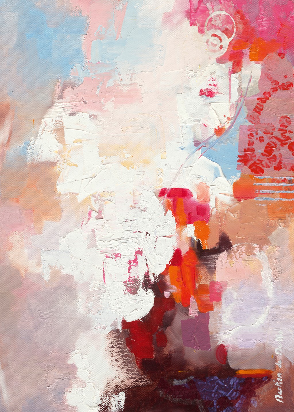 Emmanuelle Mertian de Muller, Prunus en fleurs II (Blütenzweig, Pflaumenblüten, abstrakt, abstrakte Kunst, zeitgenössisch, moderne Malerei,  Treppenhaus, Wohnzimmer, Esszimmer, bunt)