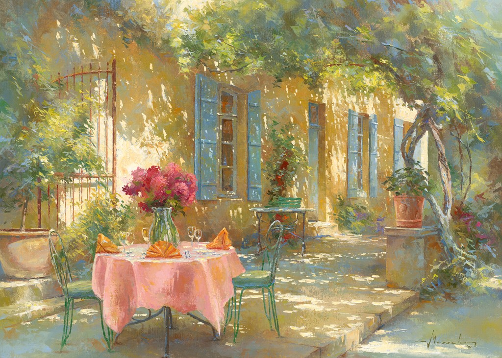 Johan Messely, Ambiance Provençale II (Garten, Lokal, Bistro, französisch, Mediterran, Terrasse, Haus, Pflanzen,  Sommer, Idylle, Sonnenlicht, Nostalgie, Wohnzimmer, Esszimmer, Malerei, bunt)
